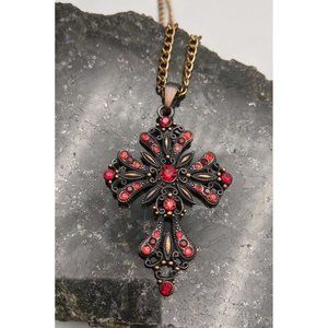 Cross Pendant Garnet Red Crystals Copper-tone Chain 29"
